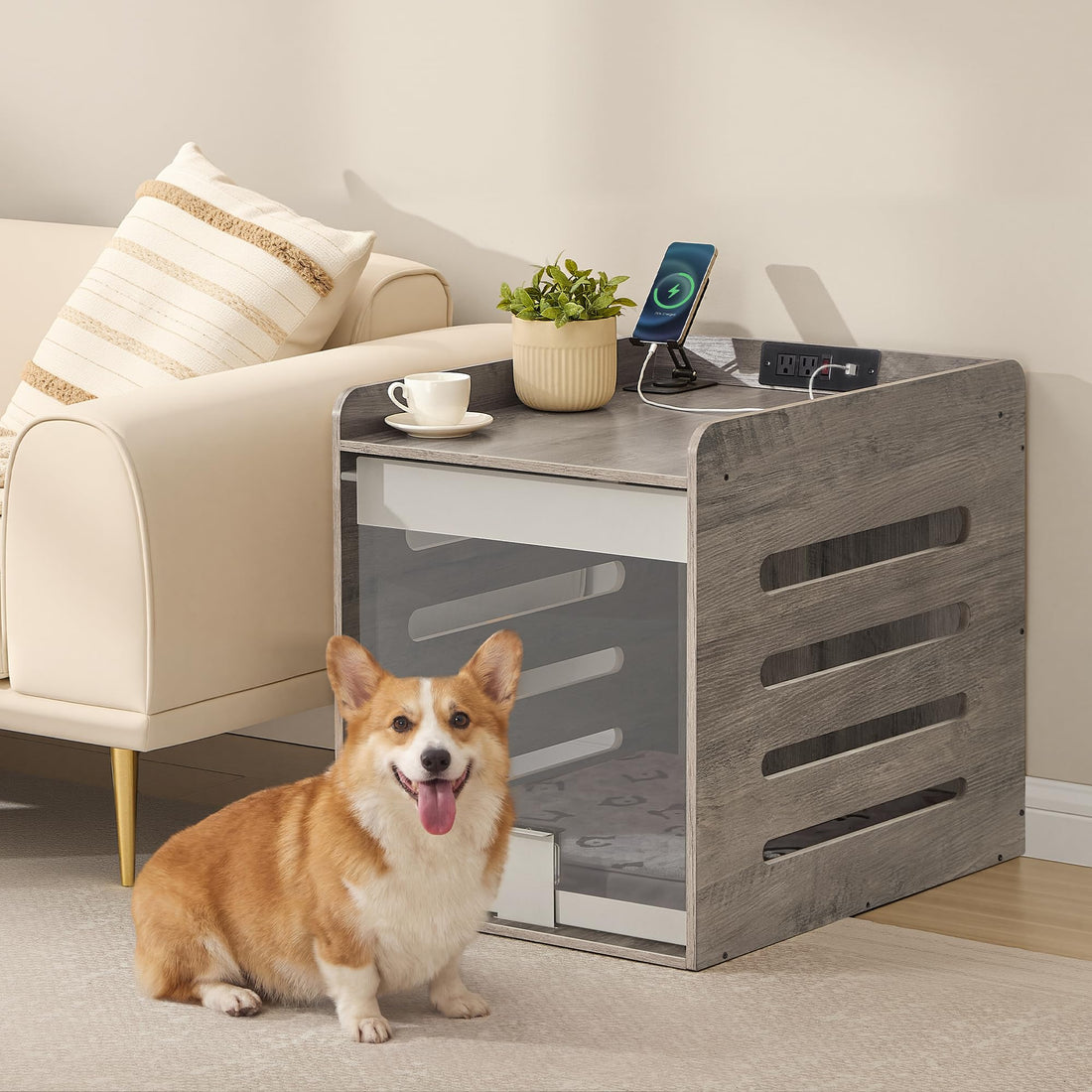 Modern Dog Crate with Charging Station