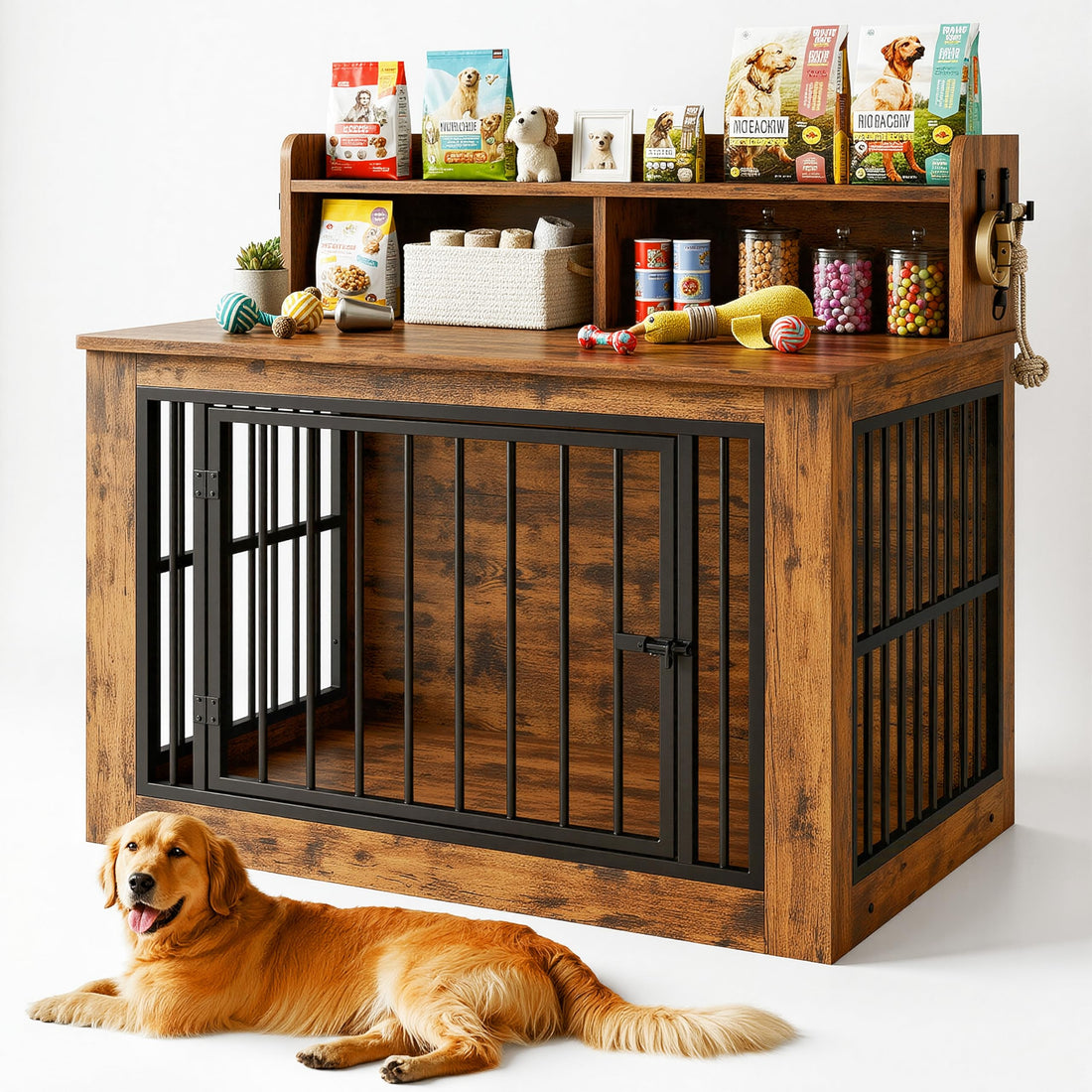 Wooden Dog Crate with Storage Shelves